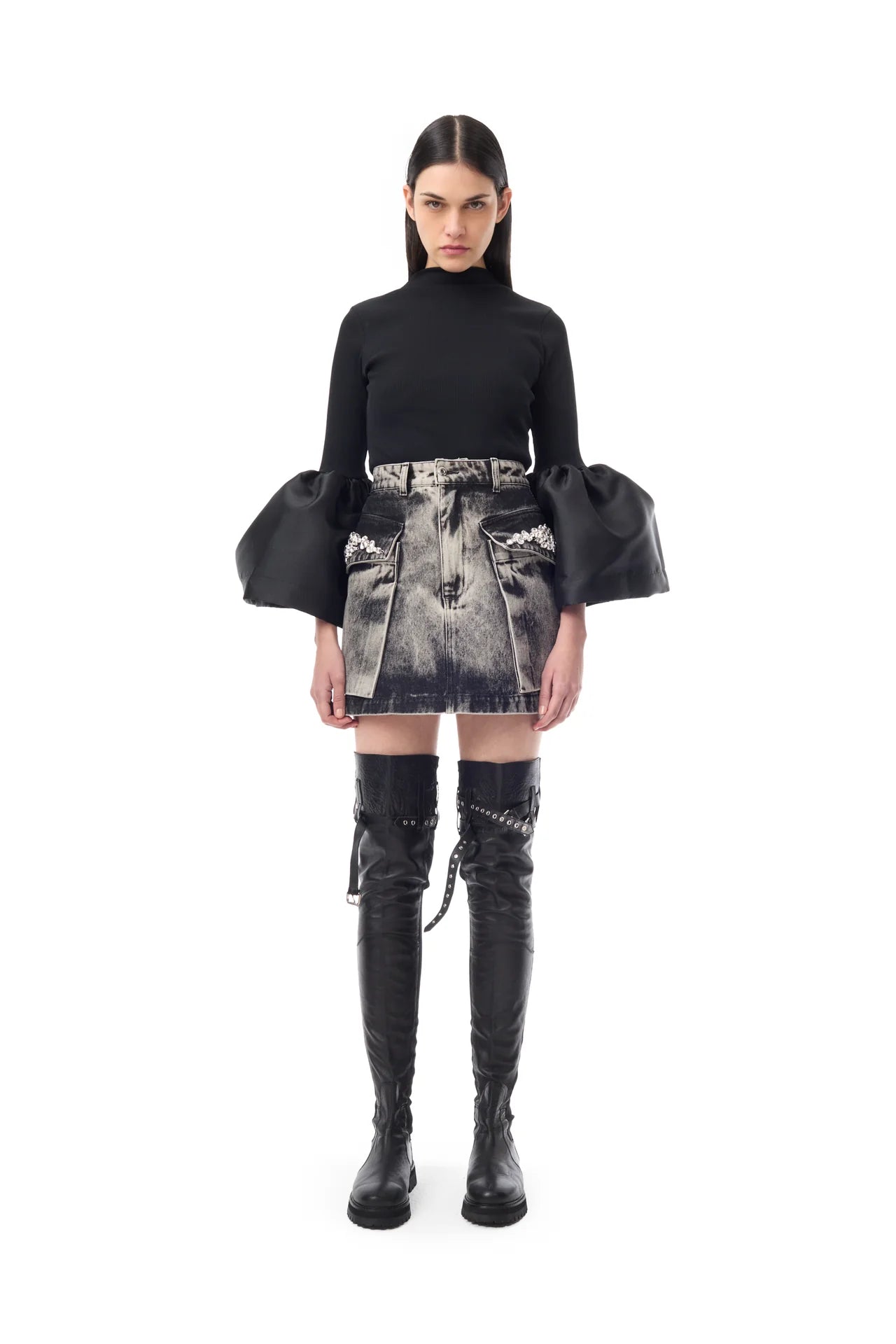 DENIM GREY ACID WASH EMBELISHED MINI SKIRT