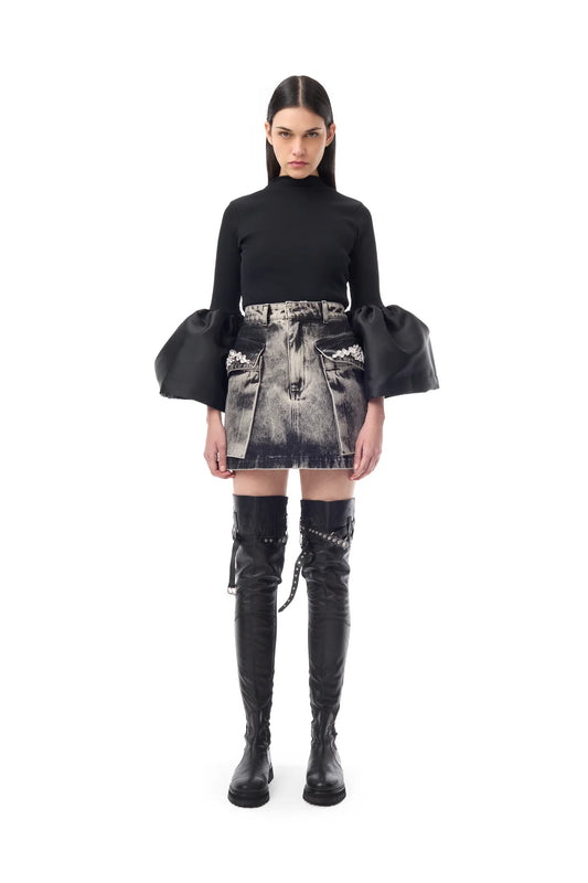 DENIM GREY ACID WASH EMBELISHED MINI SKIRT