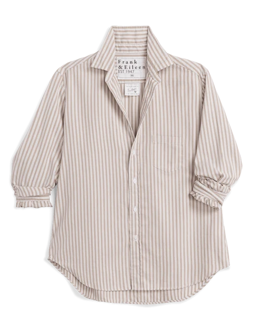 RELAXED BUTTON UP SHIRT IN CAMEL WHITE MULTI STRIPE