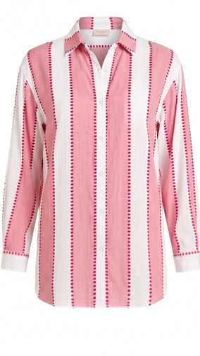 POSITANO SHIRT DRESS - PINK/WHITE CABANA STRIPES WITH DOTS