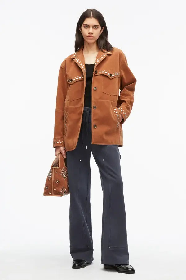 Studded Faux Suede Western Jacket - Sable