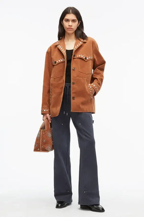 Studded Faux Suede Western Jacket - Sable