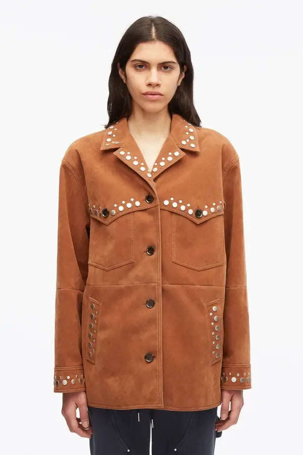 Studded Faux Suede Western Jacket - Sable