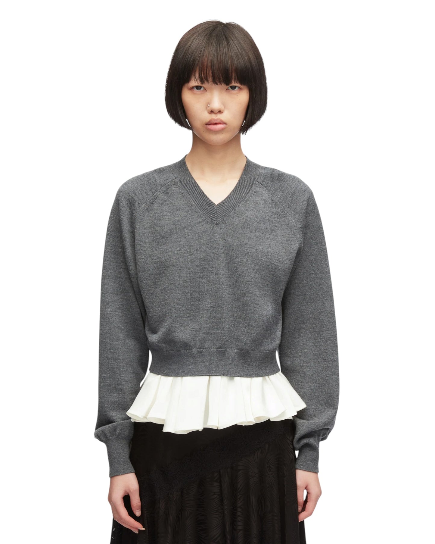 Ultrafine Merino LS V-Neck Pullover W/ Twill Combo - Charcoal-White