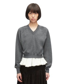 Ultrafine Merino LS V-Neck Pullover W/ Twill Combo - Charcoal-White