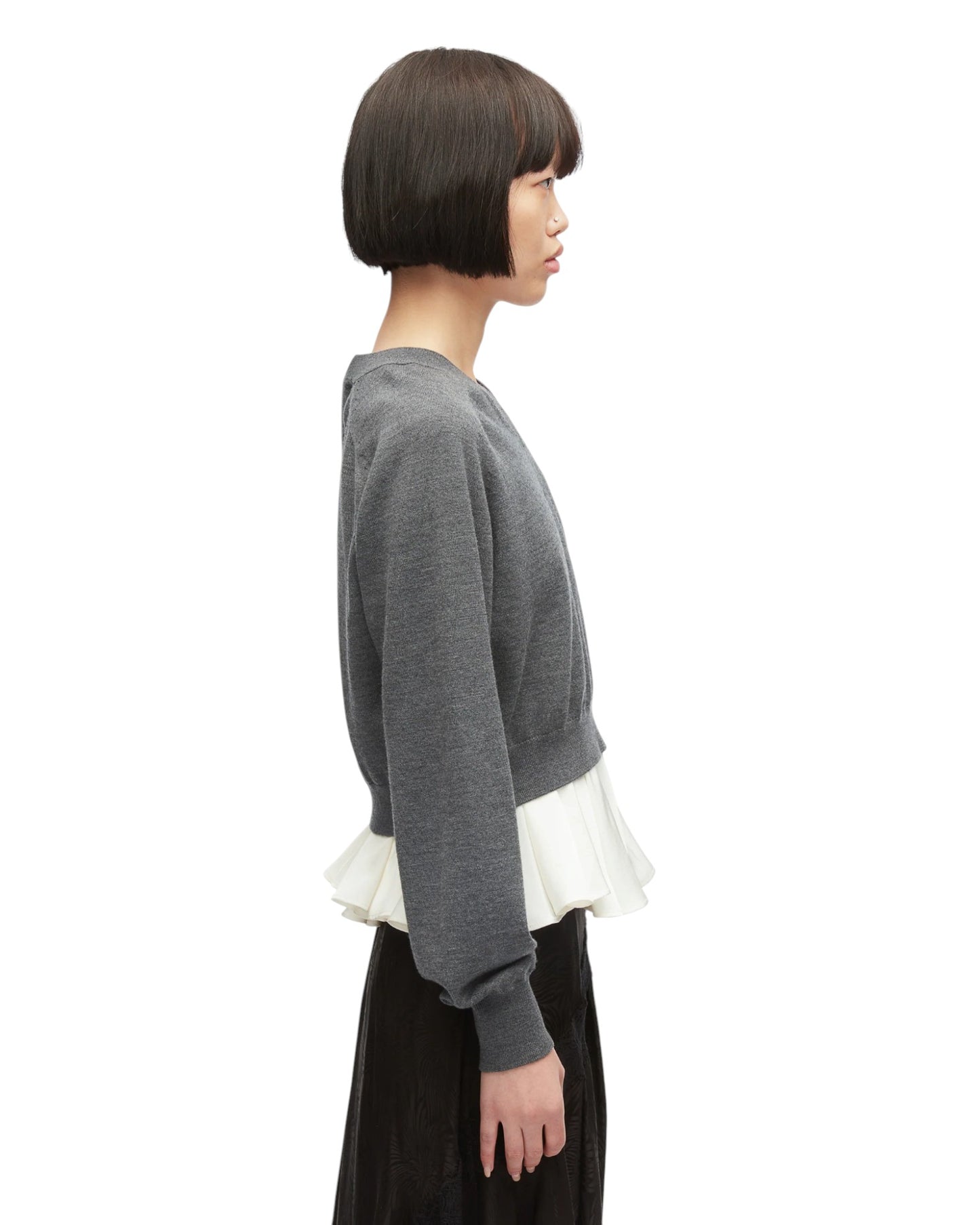 Ultrafine Merino LS V-Neck Pullover W/ Twill Combo - Charcoal-White