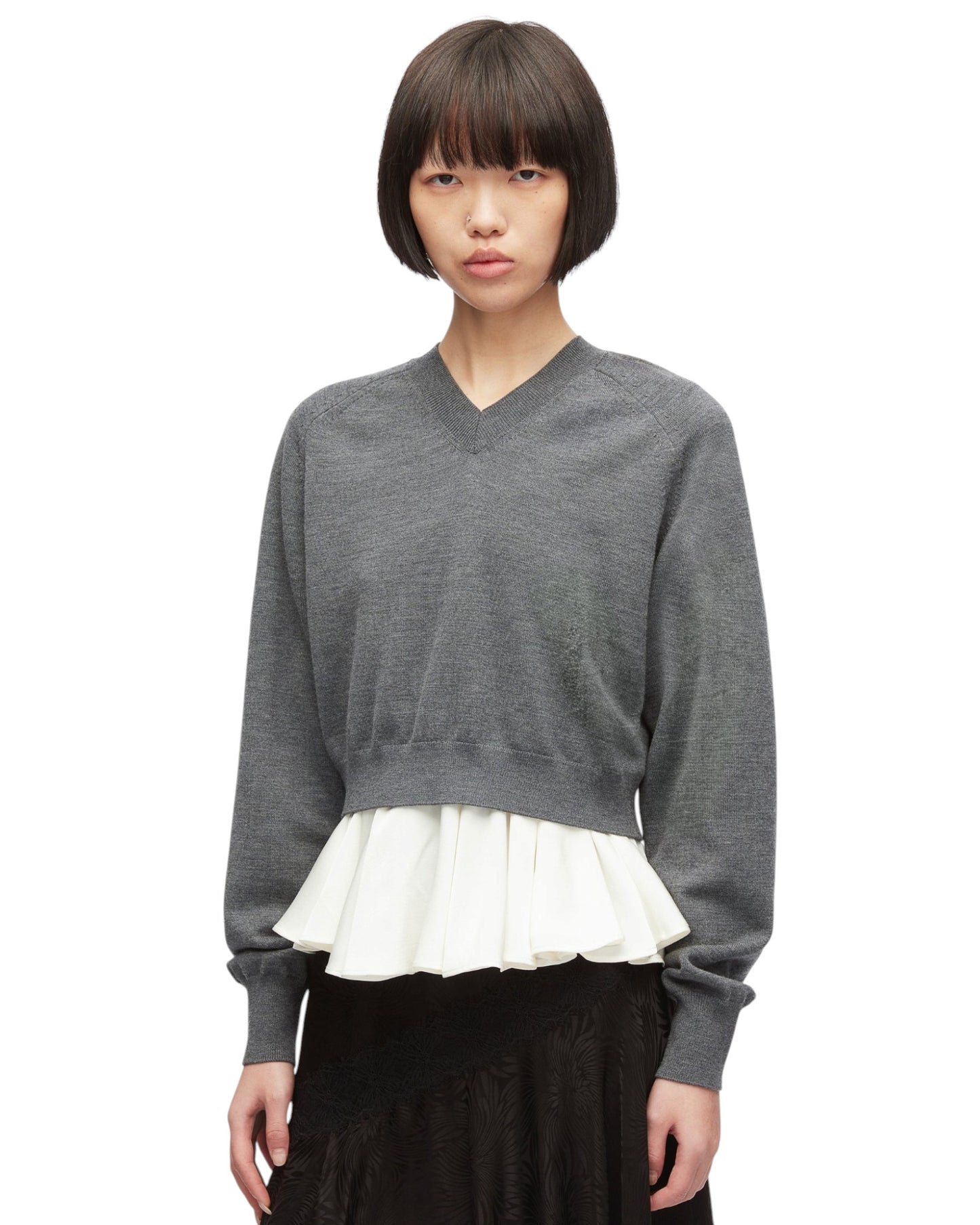 Ultrafine Merino LS V-Neck Pullover W/ Twill Combo - Charcoal-White