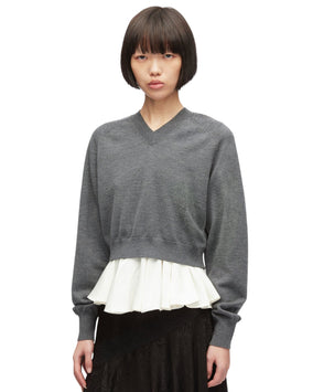 Ultrafine Merino LS V-Neck Pullover W/ Twill Combo - Charcoal-White