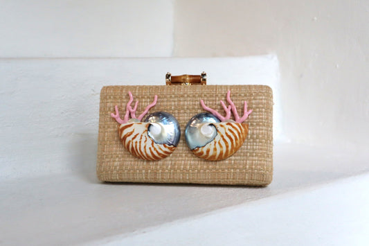 FIONA NATURAL RAFFIA CLUTCH WITH LIGHT PINK BRANCHES
