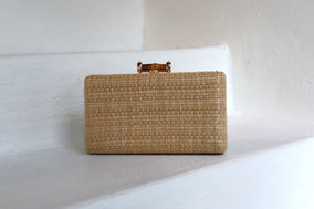 FIONA NATURAL RAFFIA CLUTCH WITH LIGHT PINK BRANCHES