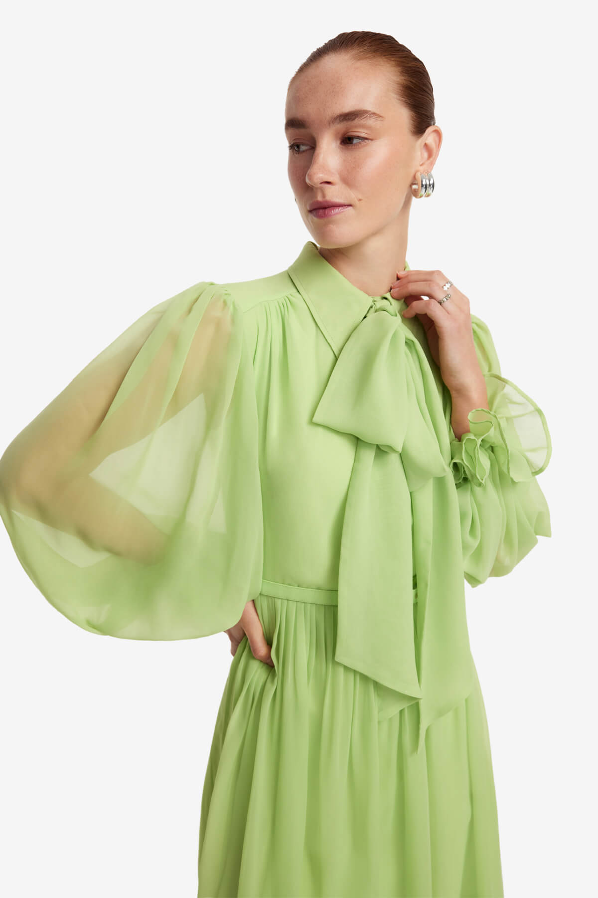 CASSIE TIE NECK MIDI DRESS JUNIPER GREEN / AU 10/ US 6 CASSIE TIE NECK MIDI DRESS JUNIPER GREEN / AU 10/ US 6