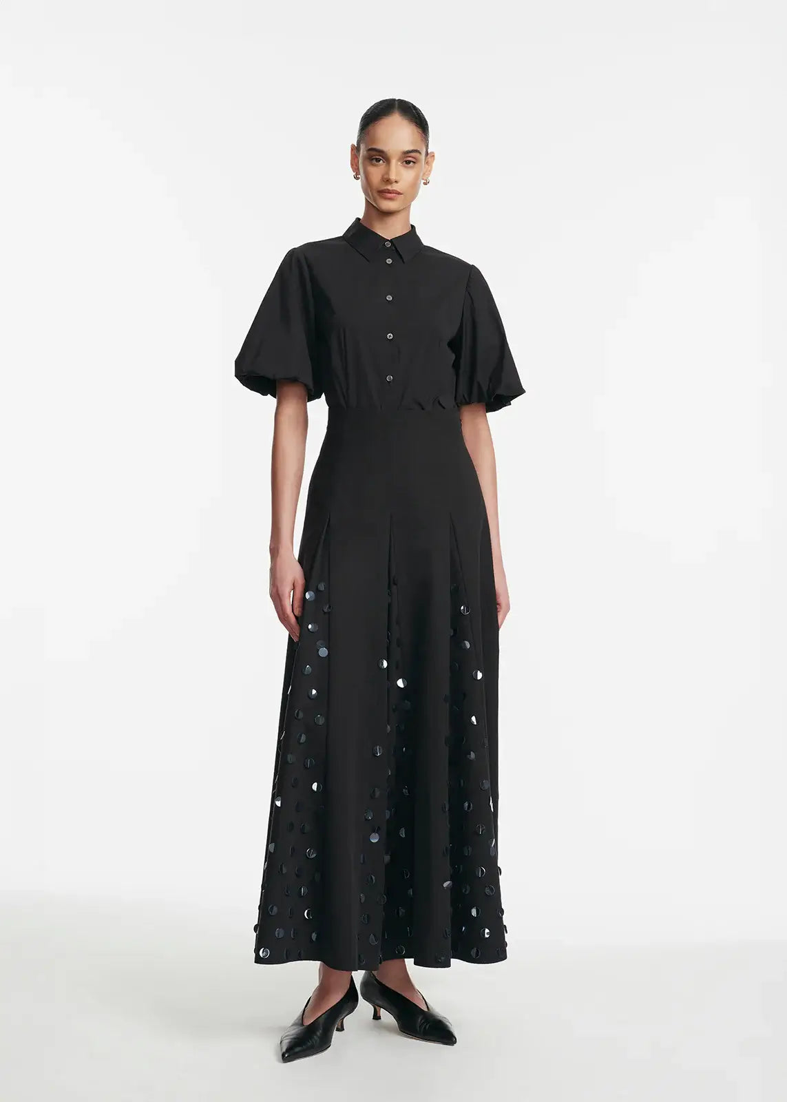 PAILLETTE EMBROIDERED COTTON POPLIN GODET SKIRT