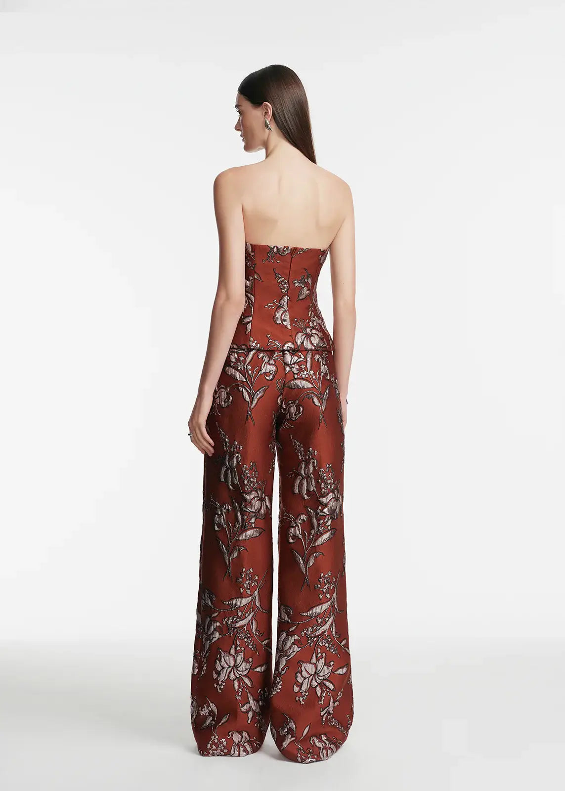 METALLIC FLORAL JACQUARD STRAPLESS CASCADE TOP