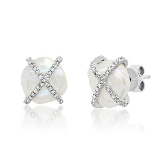 White Keshi Pearl Pave Diamond X Caged Stud Earrings