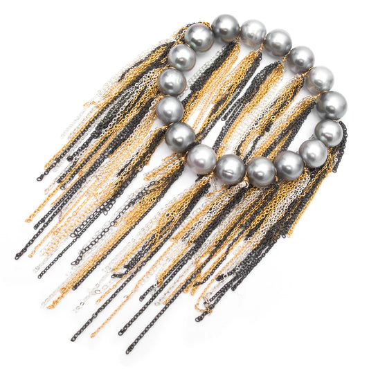 FRINGE BRACELET- SILVER FRESH WATER PEARLS, SILVER & YELLOW GOLD FRINGE