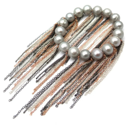 Fringe Bracelet- Silver Fresh Water Pearls, Rose Gold Fill, Oxidized and Silver Chain