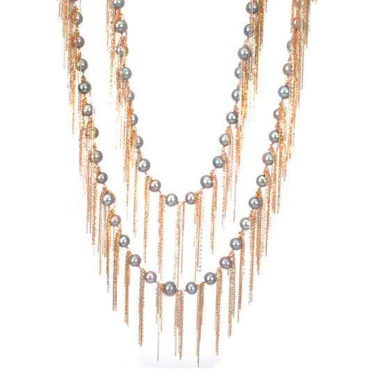 FRINGE NECKLACE, SILVER PEARLS, ROSE GOLD, YELLOW AND SILVER CHAIN 62"
