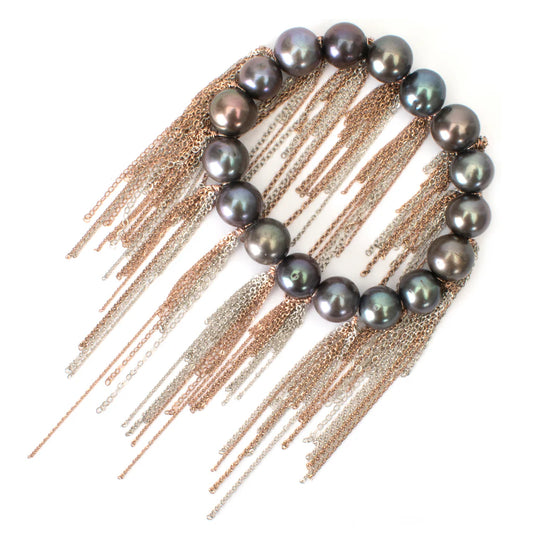 FRINGE BRACELET- PEACOCK FRESH WATER PEARLS, ROSE GOLD AND SILVER FRINGE