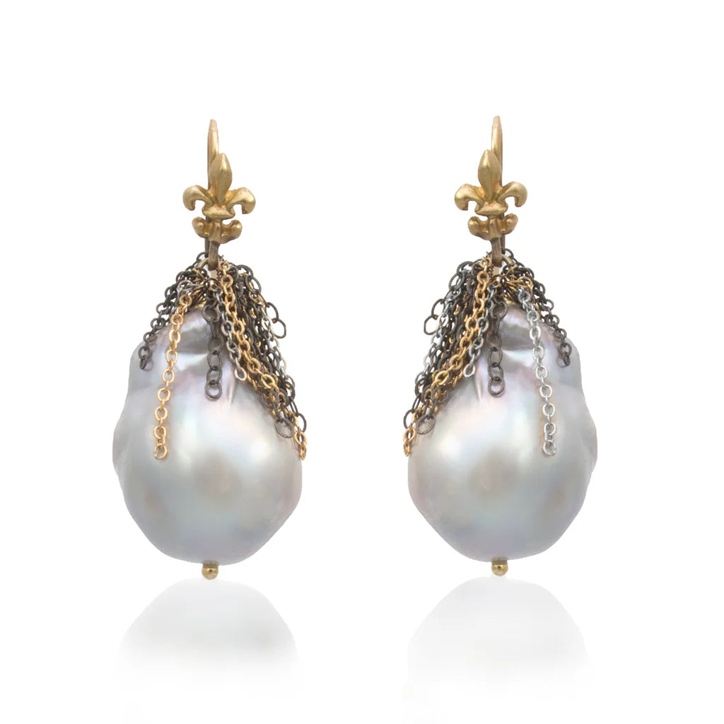 SILVER BAROQUE FRESH WATER PEARL CHAIN FLEUR DE LIS HOOK EARRING