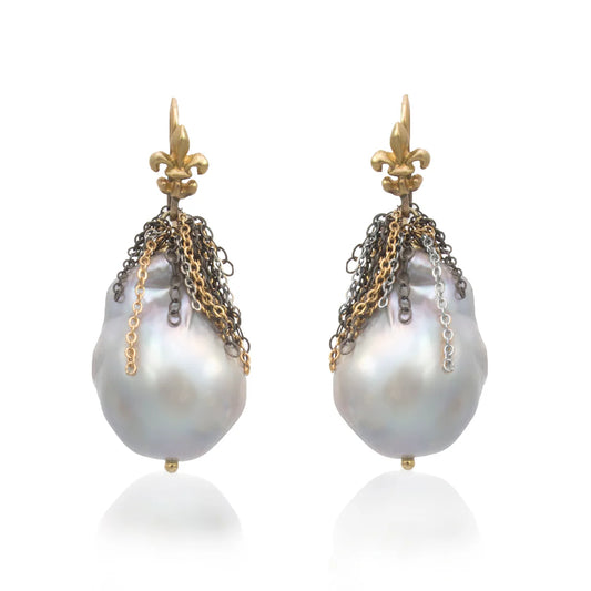 SILVER BAROQUE FRESH WATER PEARL CHAIN FLEUR DE LIS HOOK EARRING