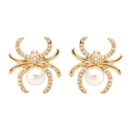 Diamond Spider Fresh Water Pearl Stud Earrings, 14k Yellow Gold