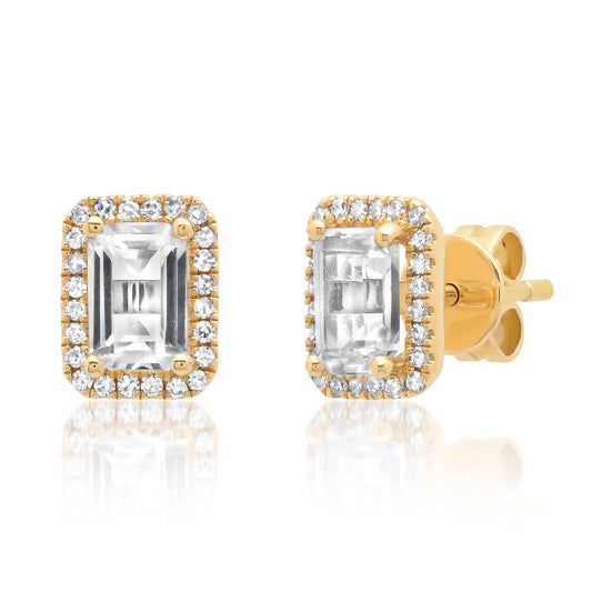 EMERALD CUT TOPAZ DIAMOND HALO STUD EARRINGS