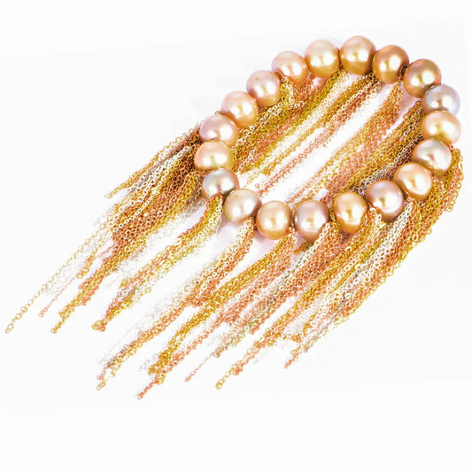 FRINGE BRACELET- GOLD FRESHWATER PEARLS, ROSE GOLD, YELLOW & SILVER CHAIN