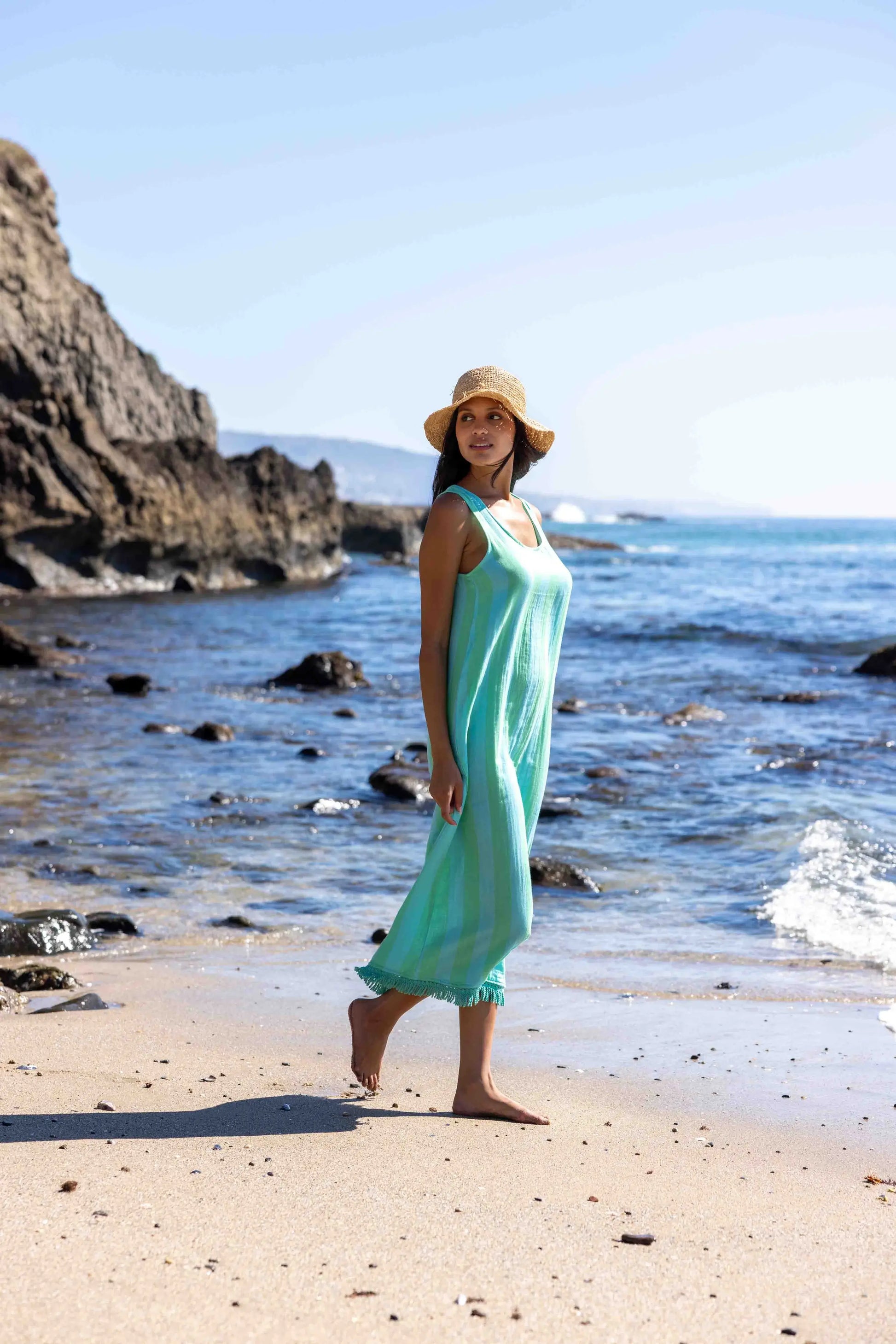 POSITANO MIDI TANK DRESS BLUE/GREEN CABANA STRIPES / S