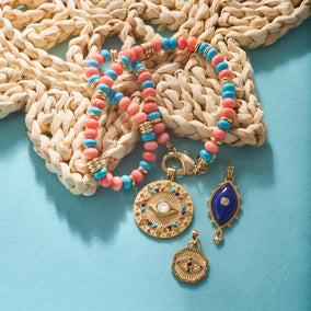 GUMDROP BEADED NECKLACE IN CORAL AND TURQUOISE MIX 16"