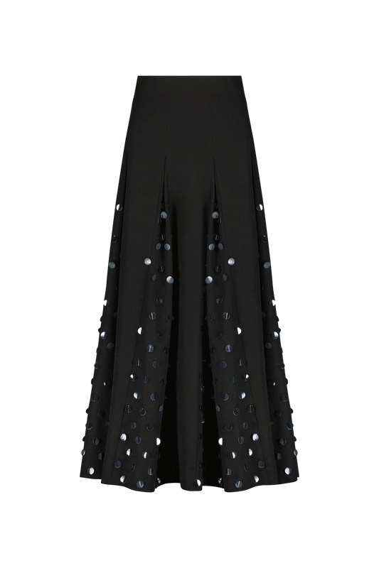 PAILLETTE EMBROIDERED COTTON POPLIN GODET SKIRT