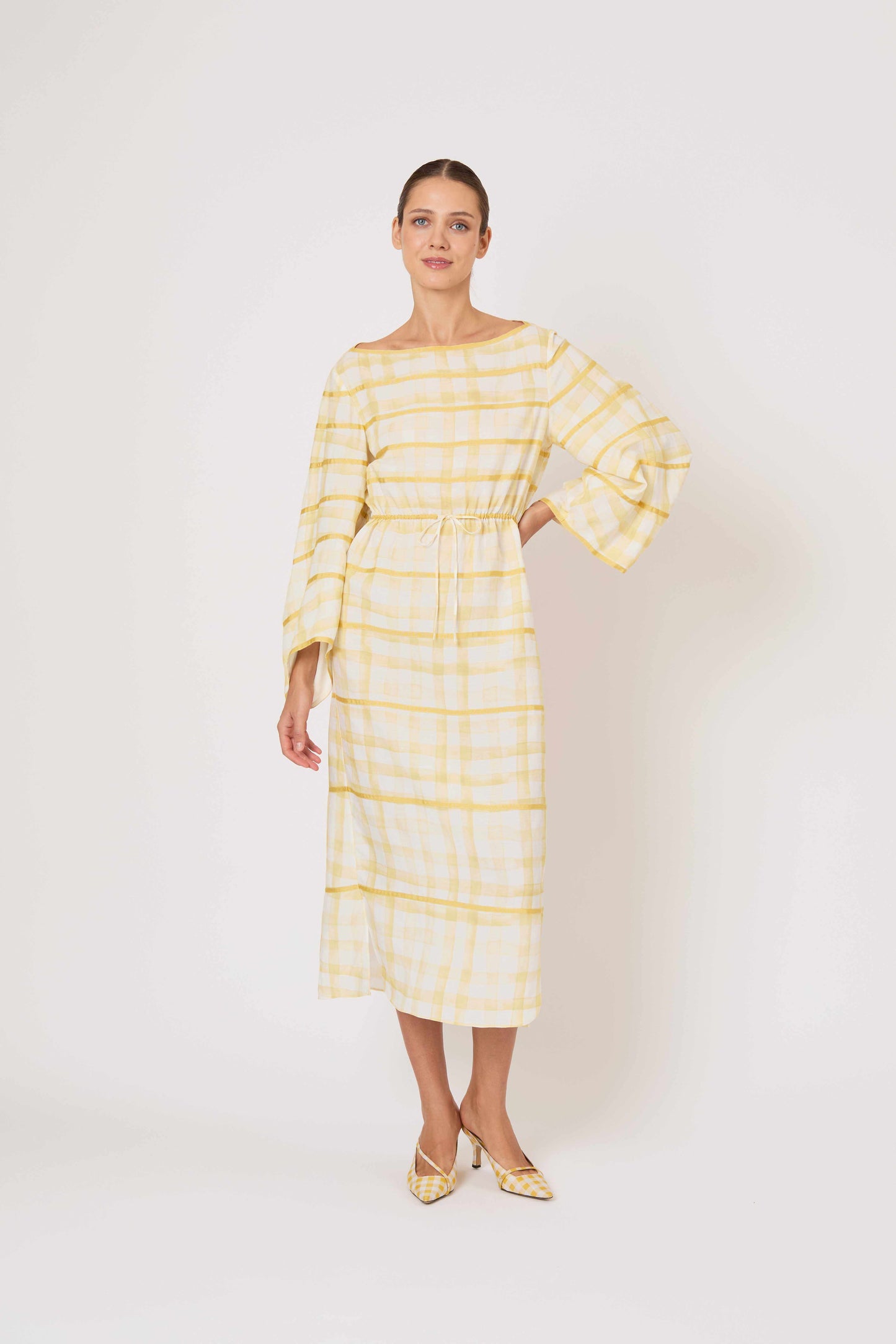 RIBBON CAFTAN DRESS IN WATERCOLOR GINGHAM