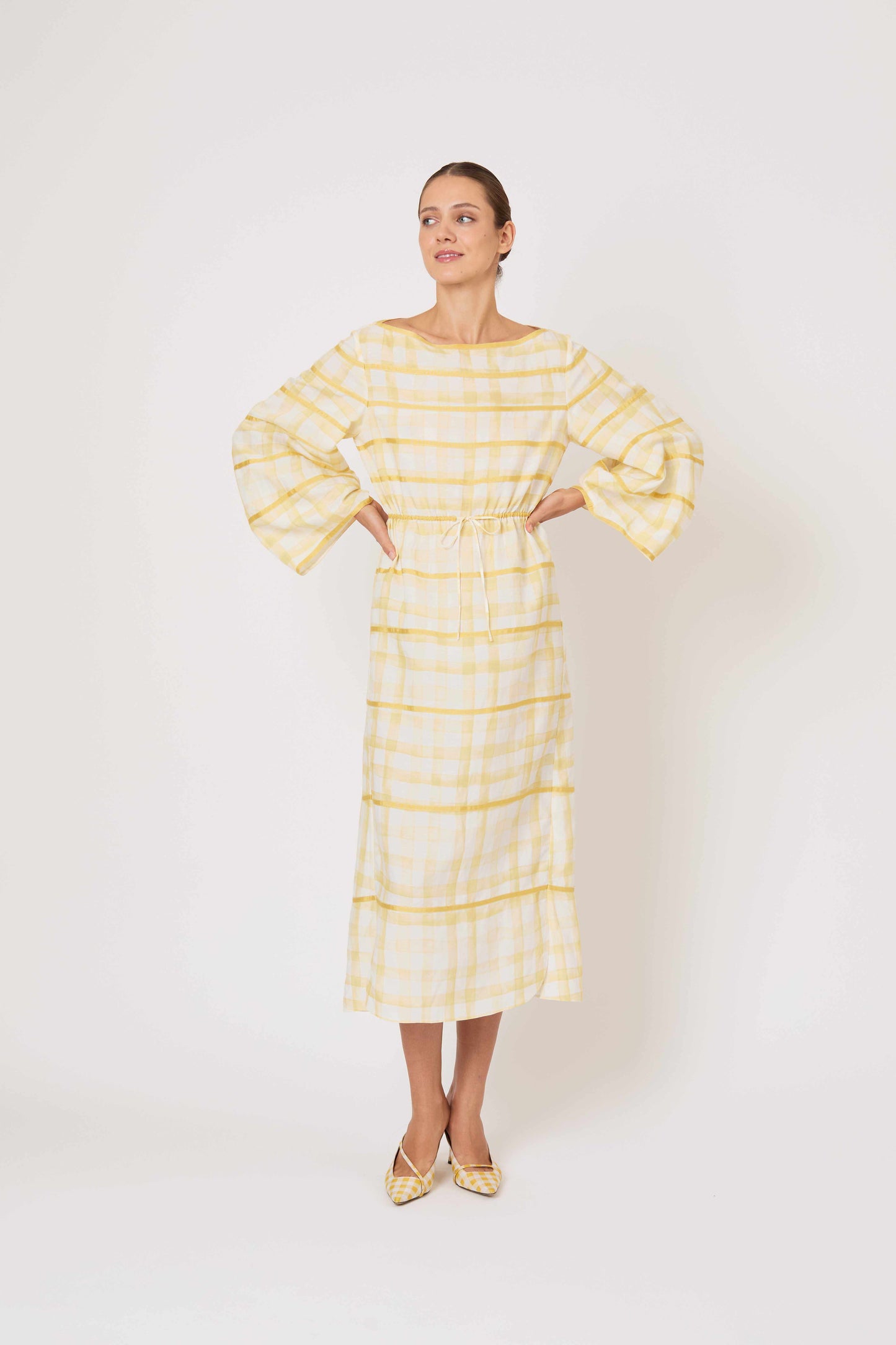RIBBON CAFTAN DRESS IN WATERCOLOR GINGHAM
