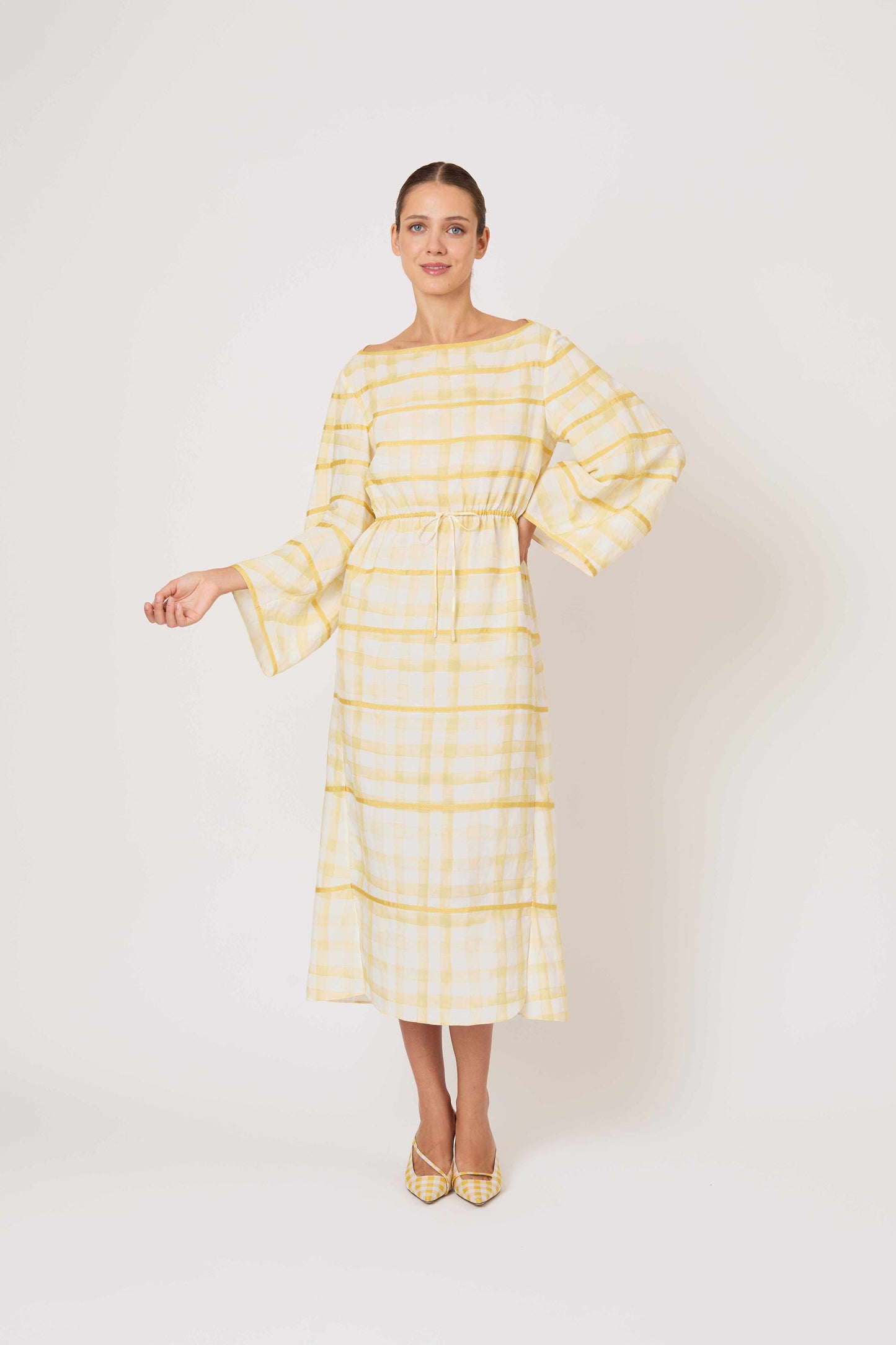 RIBBON CAFTAN DRESS IN WATERCOLOR GINGHAM