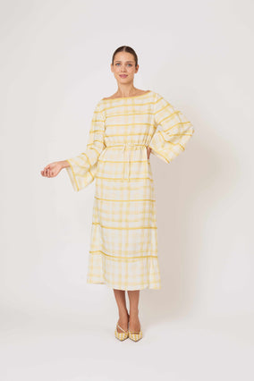 RIBBON CAFTAN DRESS IN WATERCOLOR GINGHAM