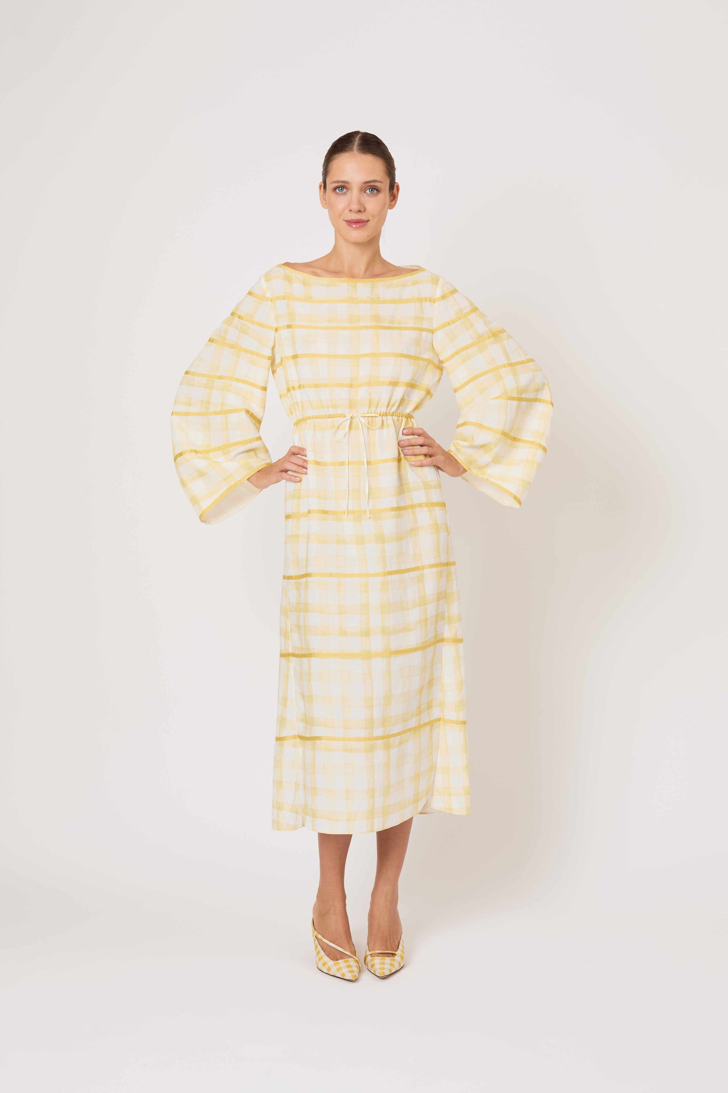 RIBBON CAFTAN DRESS IN WATERCOLOR GINGHAM