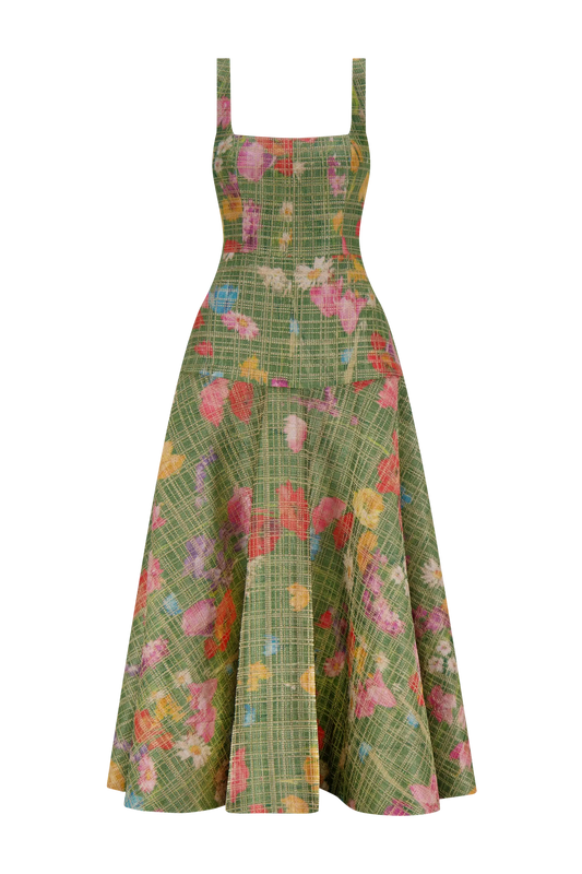 FLORAL RAFFIA  SQUARE NECK DRESS