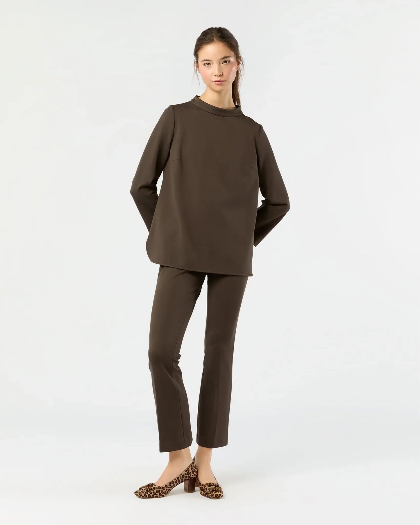 FAYE FLARE CROPPED PANT - COFFEE BI-STRETCH TRICOTINE