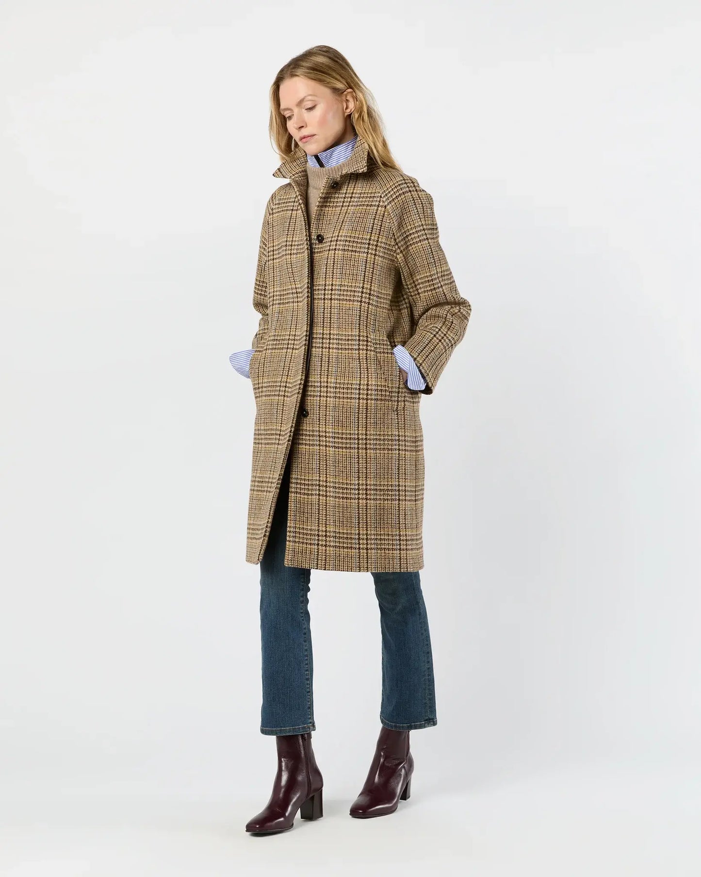 BALMACAAN COAT- BROWN/SKY GLEN PLAID TWEED