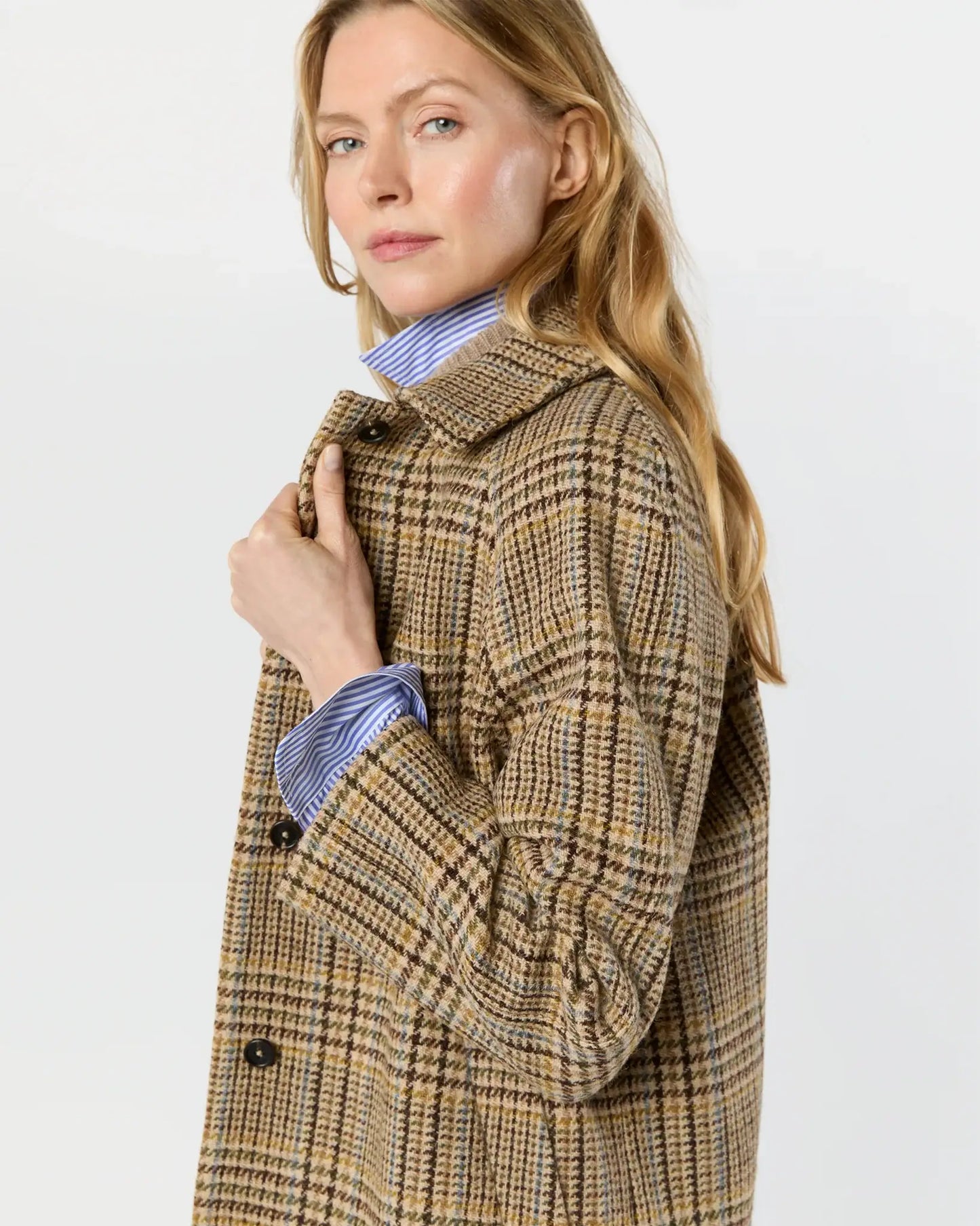 BALMACAAN COAT- BROWN/SKY GLEN PLAID TWEED