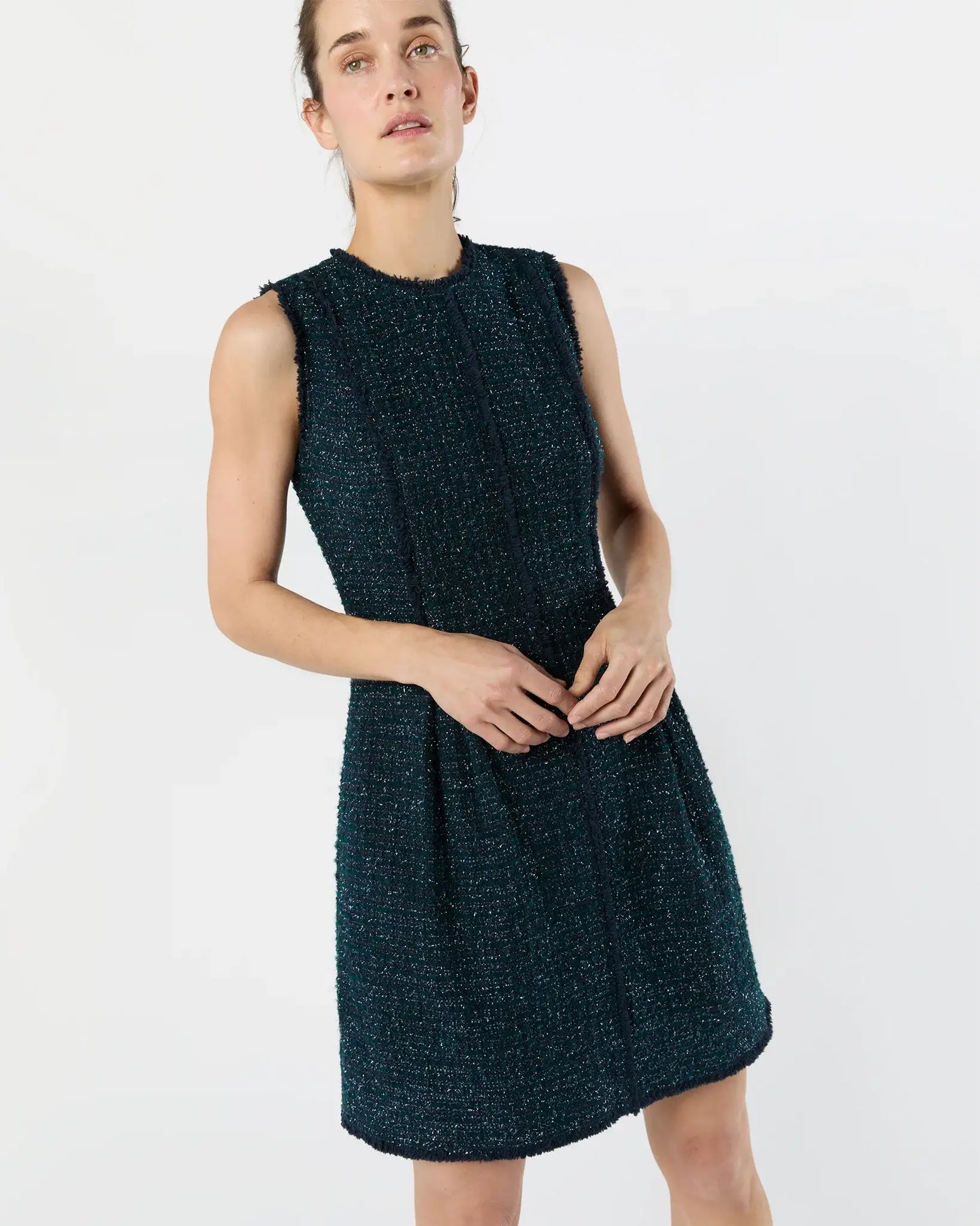 BLYTHE DRESS- NAVY/MALLARD SPARKLE TWEED