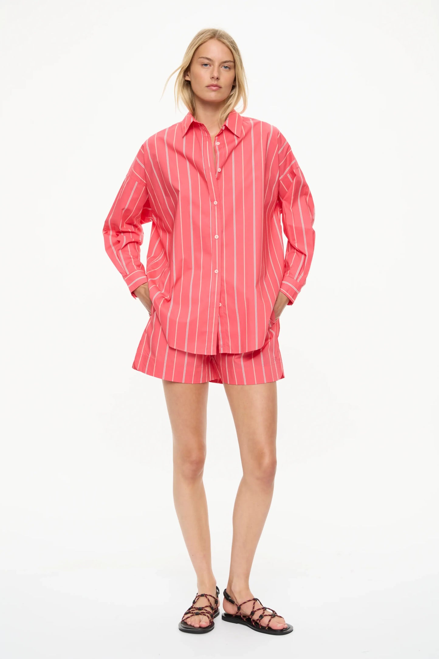 MARA OVERSIZED LONG SLEEVE SHIRT STRIPE- WATERMELON/SALSA