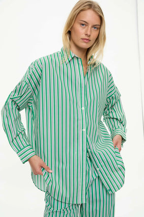 MARA OVERSIZED LONG SLEEVE SHIRT STRIPE- GREEN HILLS/WHITE/NAVY