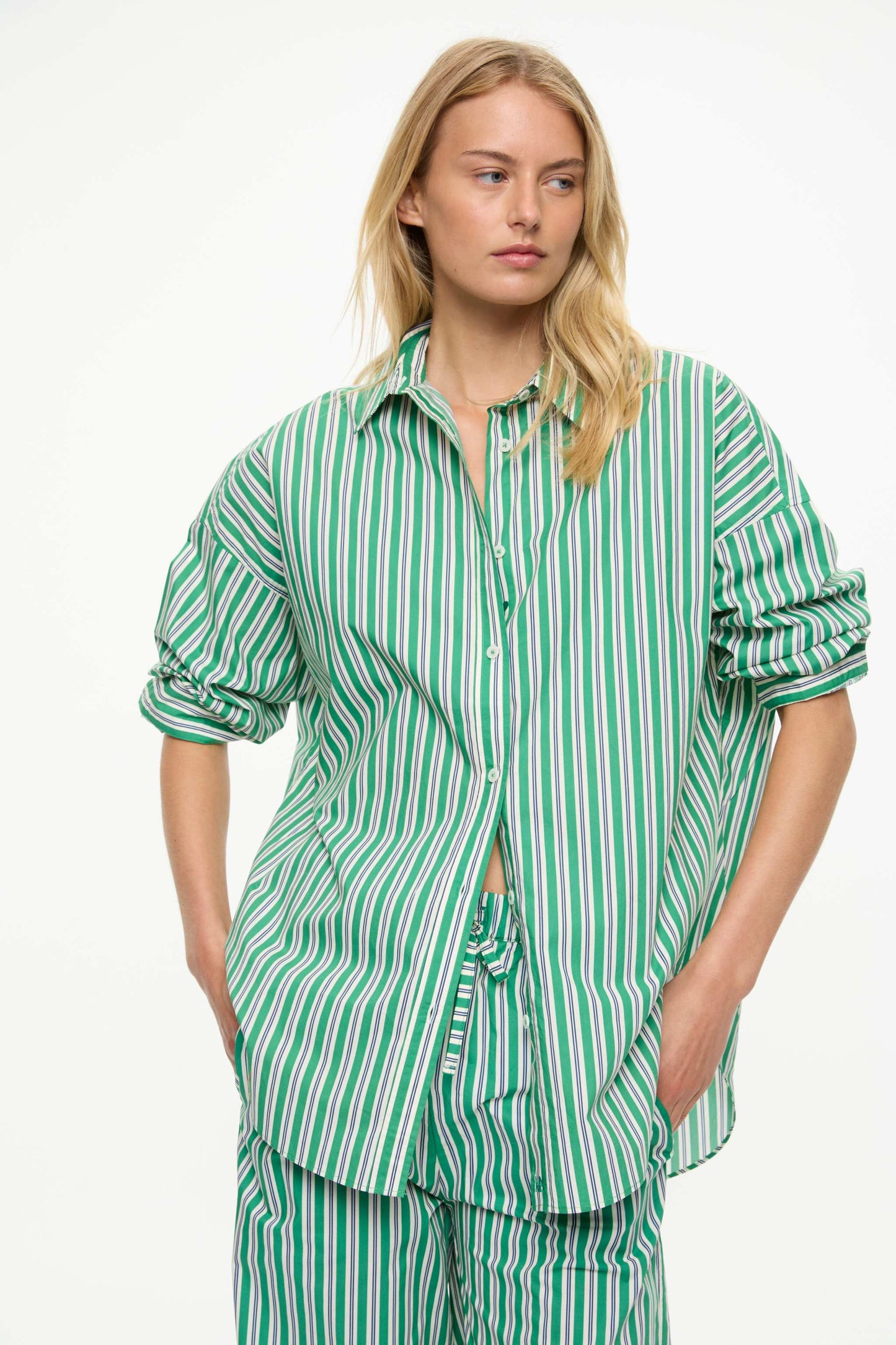MARA OVERSIZED LONG SLEEVE SHIRT STRIPE- GREEN HILLS/WHITE/NAVY