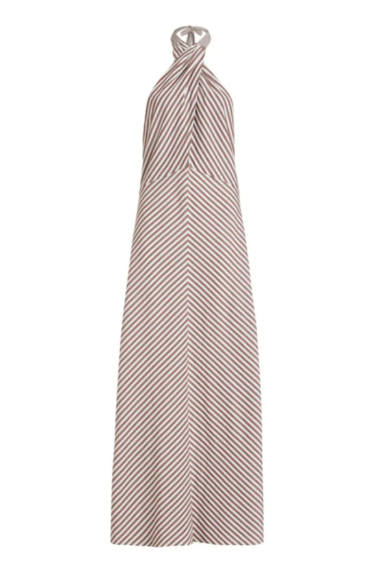 AMORE HALTER DRESS IN BROWN/WHITE STRIPES