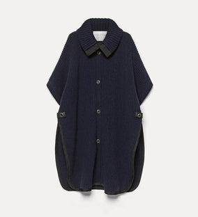 WOOL CASHMERE HALF CARDIGAN STITCH PONCHO