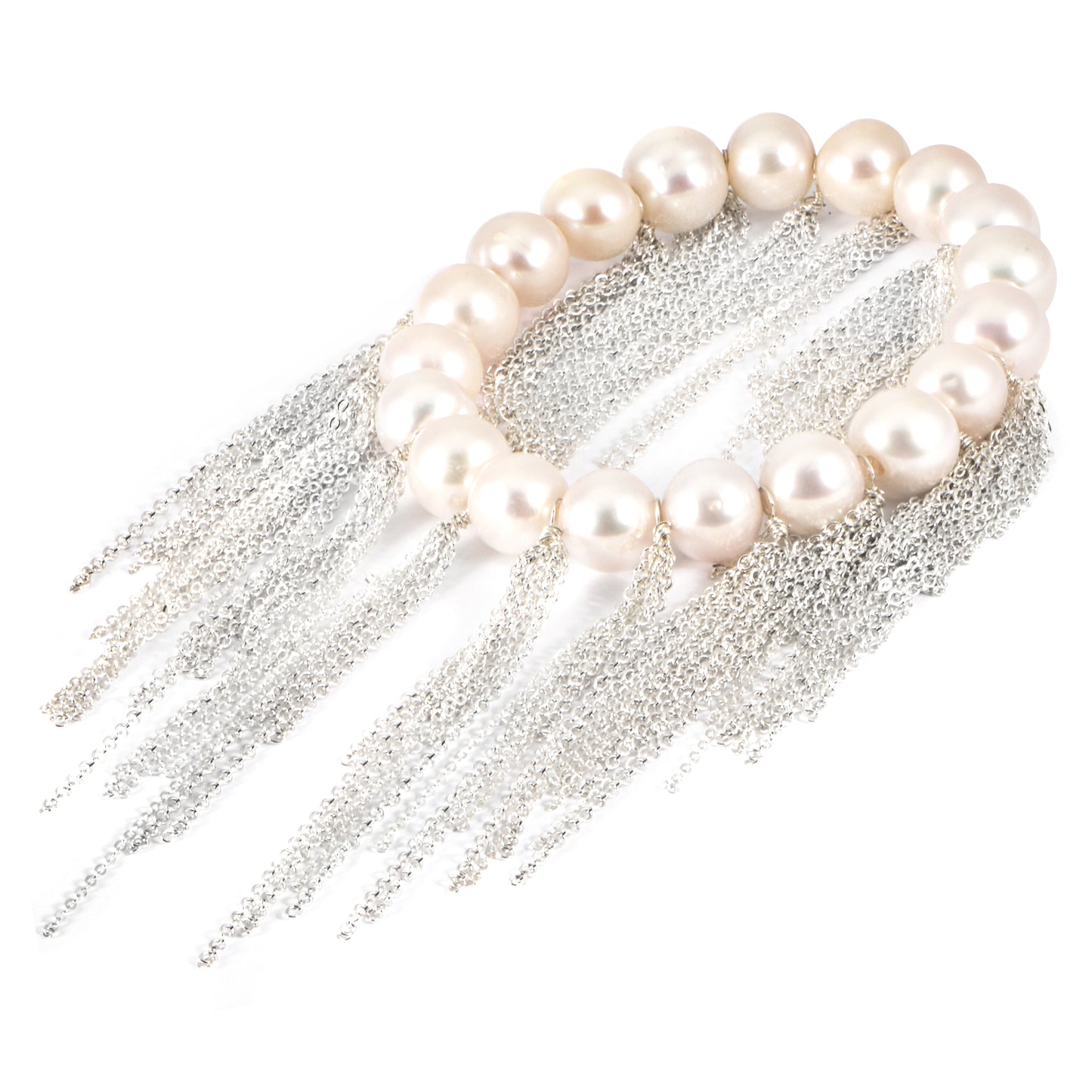 Fringe Bracelet, White Fresh
Water Pearls, Sterling Silver Chain, Stretch