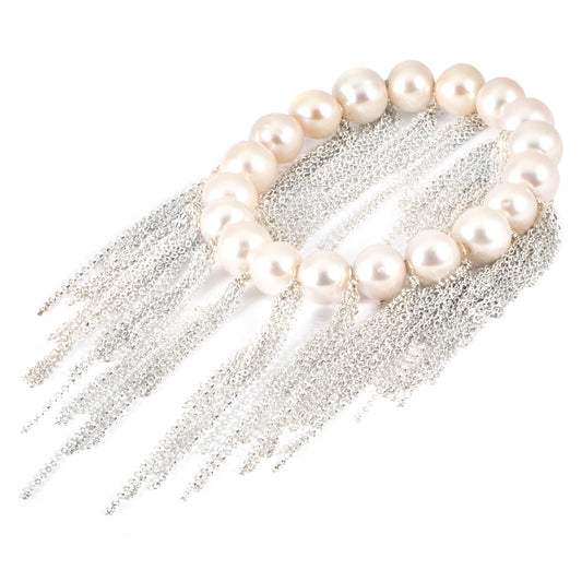 Fringe Bracelet, White Fresh
Water Pearls, Sterling Silver Chain, Stretch