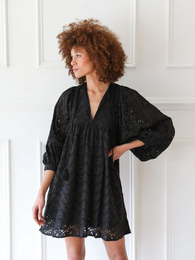 DAISY DRESS IN BLACK FLORAL EYELET